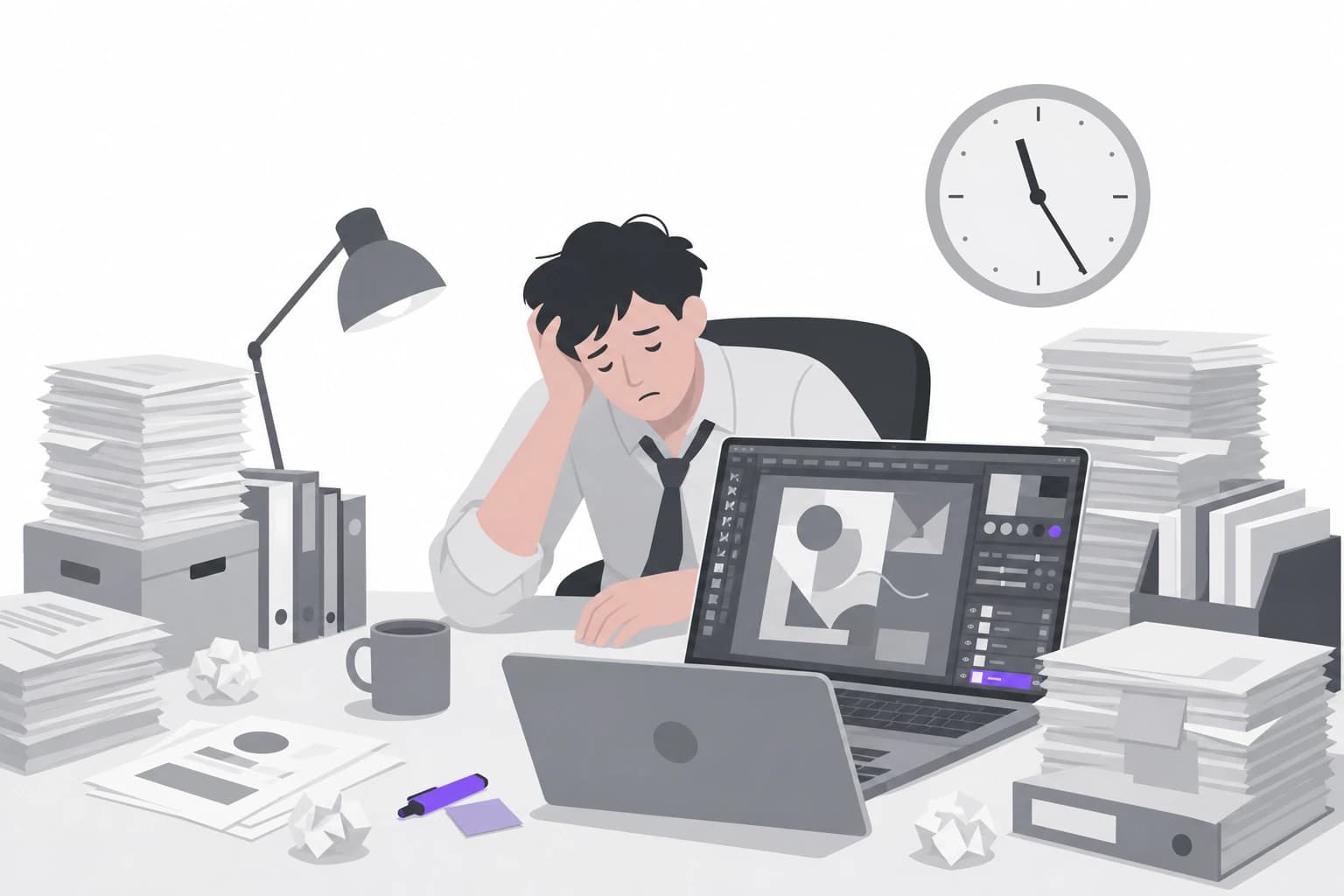 提案資料づくりに追われる営業担当のイラスト